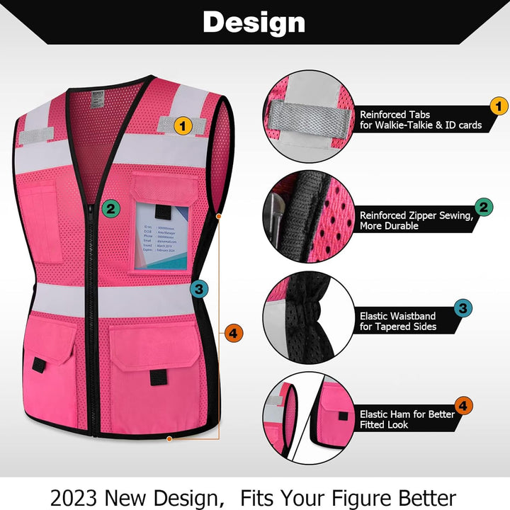 TCCFCCT Safety Vest for Women 11 Pockets Mesh Reflective Vest with